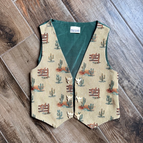 Ubetcha Other - Ubetcha Mens Vintage Western Cactus Skull Button Tapestry Vest, Green, S